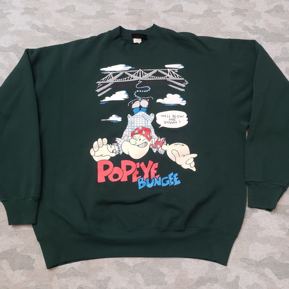 Vintage Fluid Sweatshirt Mens One Size Fits Most Green Popeye Pullover Crew Neck